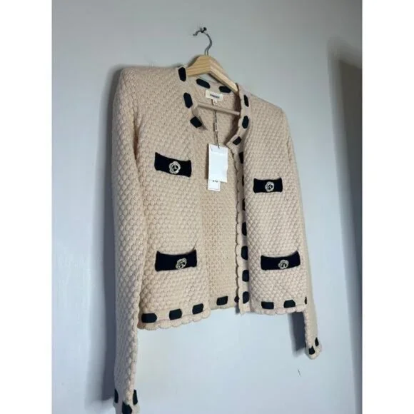 NWT L'Agence Strong Shoulder Decorative Knit Pockets Open Cardigan Cream XS